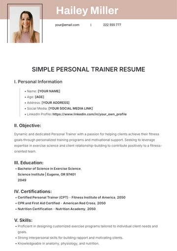 Free Simple Personal Trainer Resume Template to Edit Online