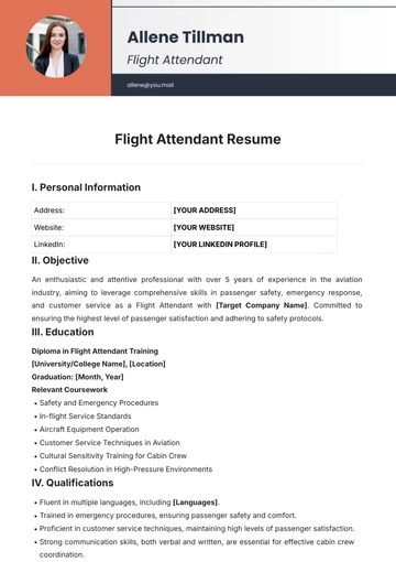 Free Flight Attendant Resume Template to Edit Online