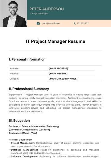 Free IT Project Manager Resume Template to Edit Online
