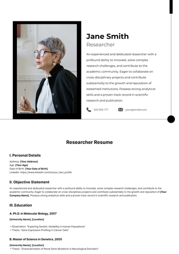 Free Researcher Resume Template to Edit Online
