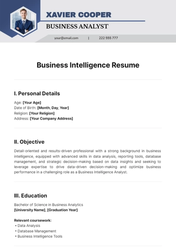 Free Business Intelligence Resume Template to Edit Online