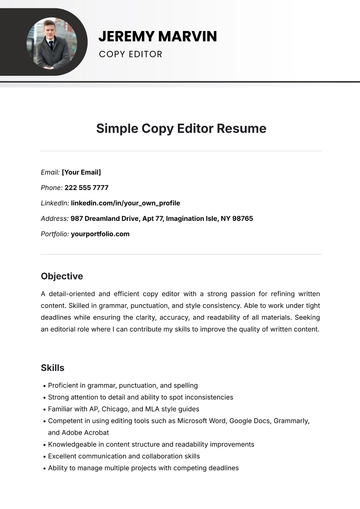 Free Simple Copy Editor Resume Template to Edit Online