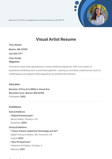 Free Visual Artist Resume Template to Edit Online
