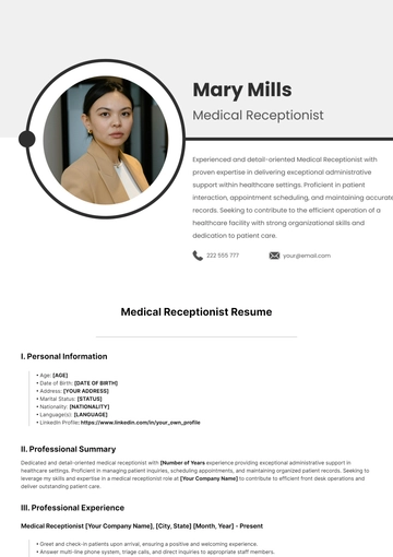 Free Medical Receptionist Resume Template to Edit Online
