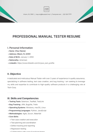 Free Professional Manual Tester Resume Template to Edit Online