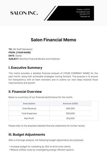 Free Salon Financial Memo Template to Edit Online