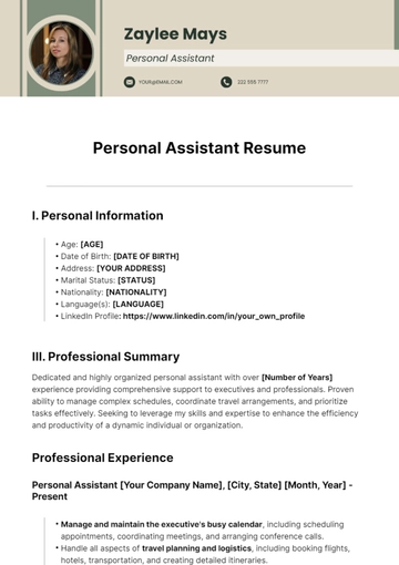 Free Personal Assistant Resume Template to Edit Online