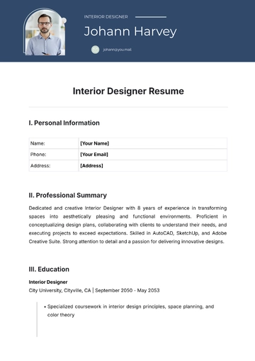 Free Interior Designer Resume Template to Edit Online