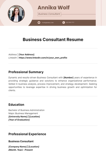 Free Business Consultant Resume Template to Edit Online