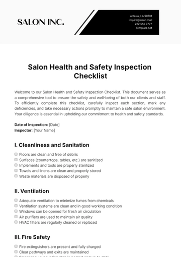 Free Salon Health and Safety Inspection Checklist Template to Edit Online