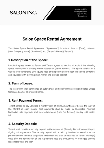 Free Salon Space Rental Agreement Template to Edit Online