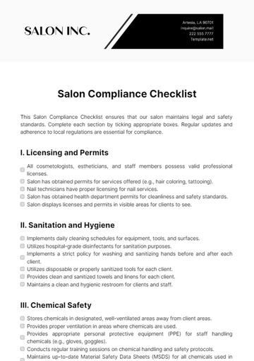 Free Salon Compliance Checklist Template to Edit Online