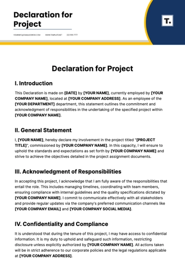 Free Declaration for Project Template to Edit Online