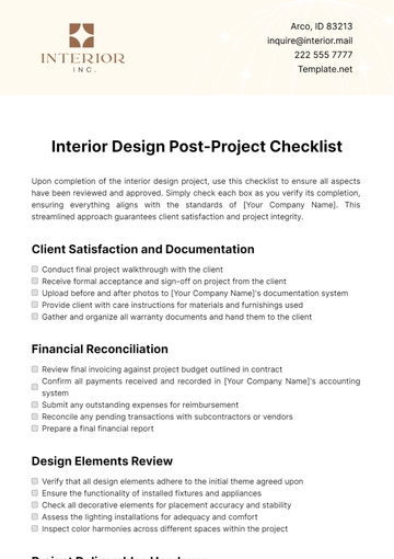Free Interior Design Post-Project Checklist Template to Edit Online