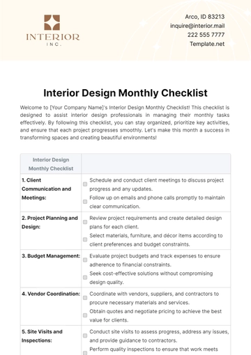 Free Interior Design Monthly Checklist Template to Edit Online