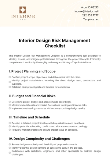 Free Interior Design Risk Management Checklist Template to Edit Online