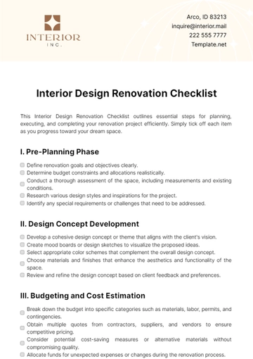 Free Interior Design Renovation Checklist Template to Edit Online