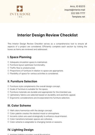Free Interior Design Review Checklist Template to Edit Online