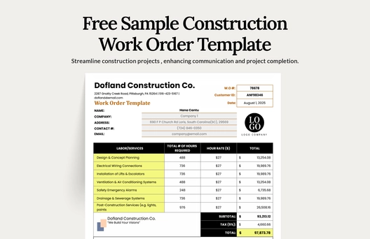 Sample Construction Work Order Template