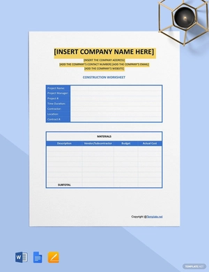 Editable Construction Worksheet Template