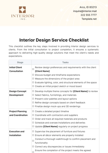 Free Interior Design Service Checklist Template to Edit Online