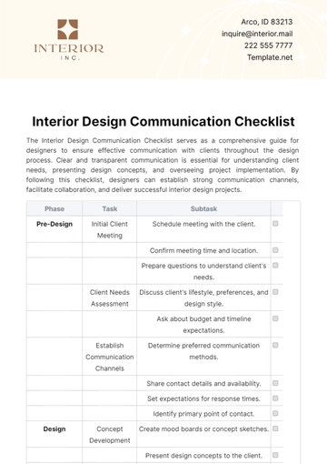 Free Interior Design Communication Checklist Template to Edit Online