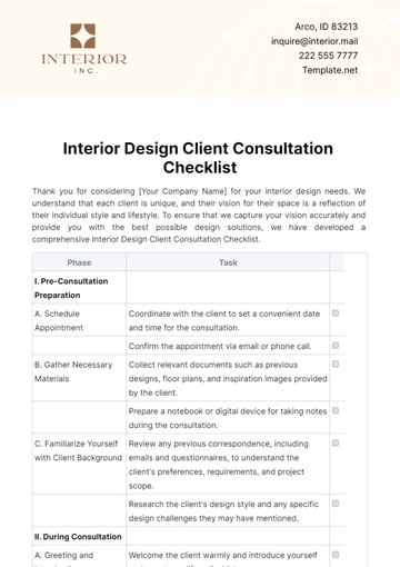 Free Interior Design Client Consultation Checklist Template to Edit Online