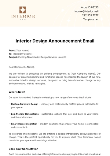 Free Interior Design Announcement Email Template to Edit Online