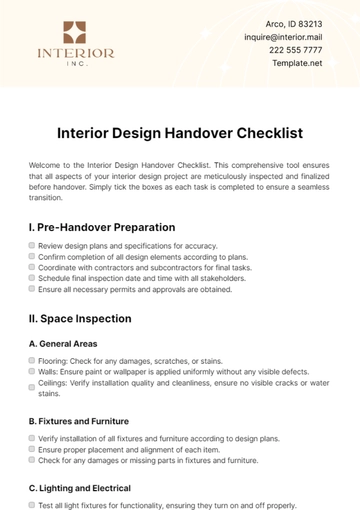 Free Interior Design Handover Checklist Template to Edit Online