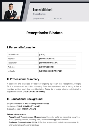 Free Receptionist Biodata Template to Edit Online
