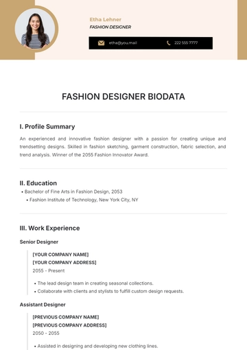 Free Fashion Designer Biodata Template to Edit Online