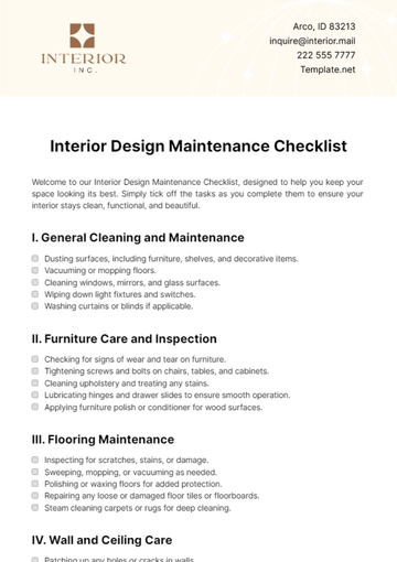 Free Interior Design Maintenance Checklist Template to Edit Online