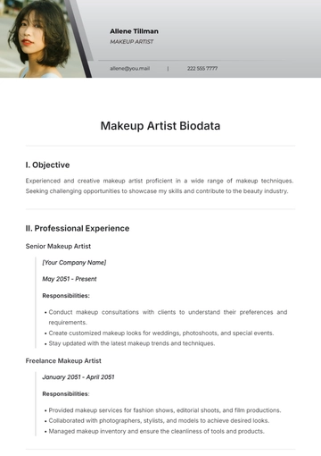 Free Makeup Artist Biodata Template to Edit Online