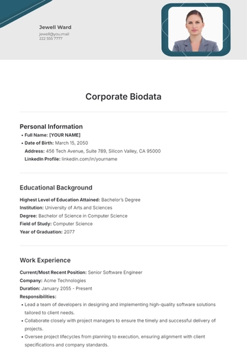 Free Corporate Biodata Template to Edit Online