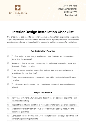 Free Interior Design Installation Checklist Template to Edit Online