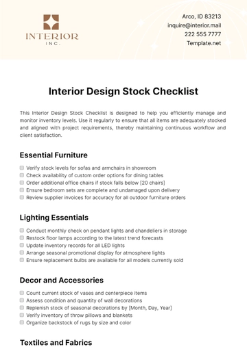 Free Interior Design Stock Checklist Template to Edit Online