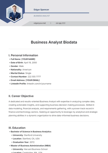 Free Business Analyst Biodata Template to Edit Online
