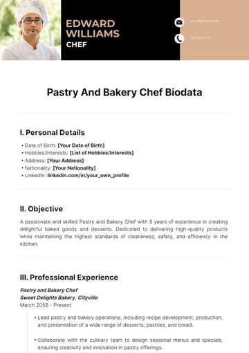 Free Pastry And Bakery Chef Biodata Template to Edit Online