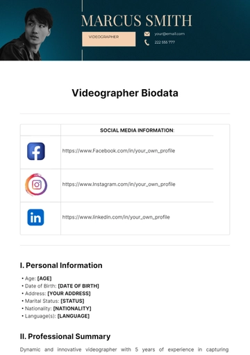 Free Videographer Biodata Template to Edit Online