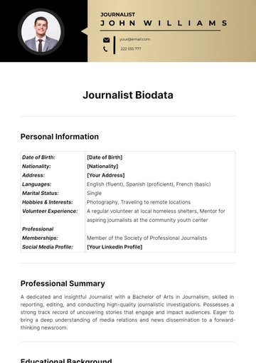 Free Journalist Biodata Template to Edit Online