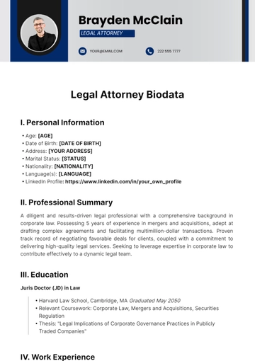Free Legal Attorney Biodata Template to Edit Online
