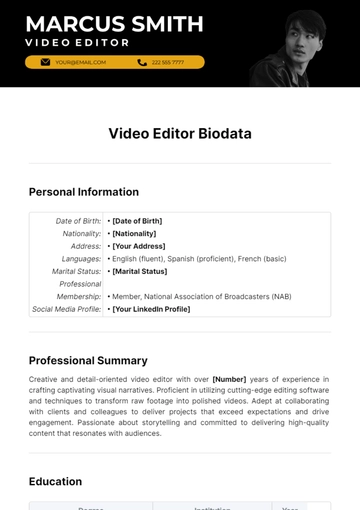Free Video Editor Biodata Template to Edit Online