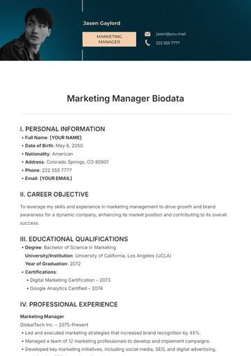 Free Marketing Manager Biodata Template to Edit Online