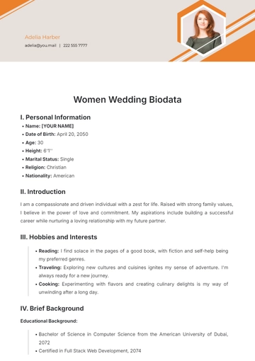 Free Women Wedding Biodata Template to Edit Online