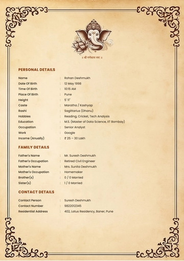 Free Biodata for Hindu Marriage Template to Edit Online