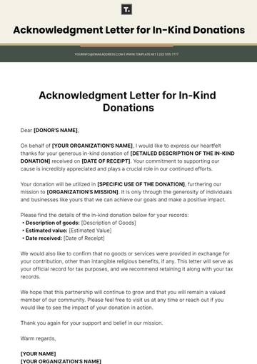Free Acknowledgment Letter For In-Kind Donations Template to Edit Online