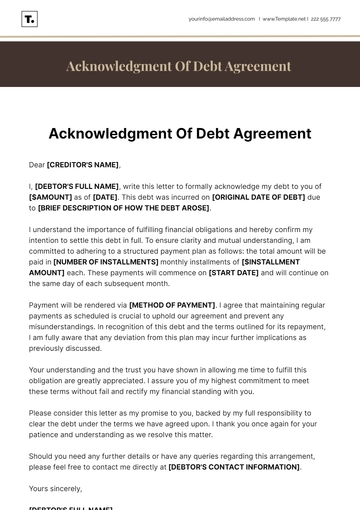 Free Acknowledgment Of Debt Agreement Template to Edit Online