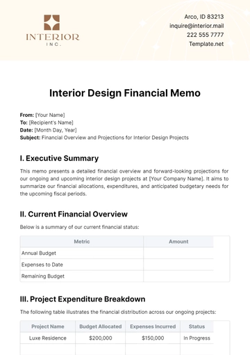 Free Interior Design Financial Memo Template to Edit Online
