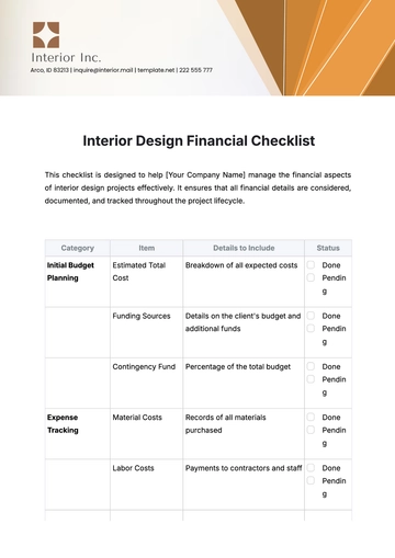Free Interior Design Financial Checklist Template to Edit Online