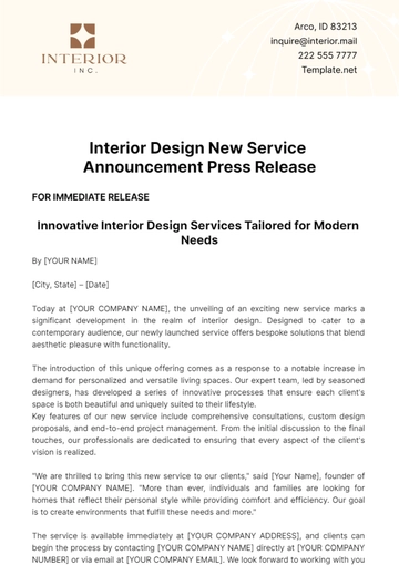 Free Interior Design New Service Announcement Press Release Template to Edit Online